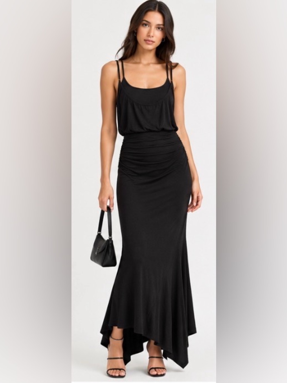 COMMENSE NWT Black Ruched Asymmetric Cami Maxi Dress XS Stretch Rayon